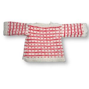 Vintage 90s Hand Knit Baby White Red Hearts Crew Neck Sweater